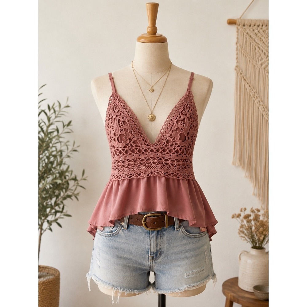 Y2K Fairy Grunge Boho Festival  Crochet Romantic Peplum Tie Back Camisole Top|10